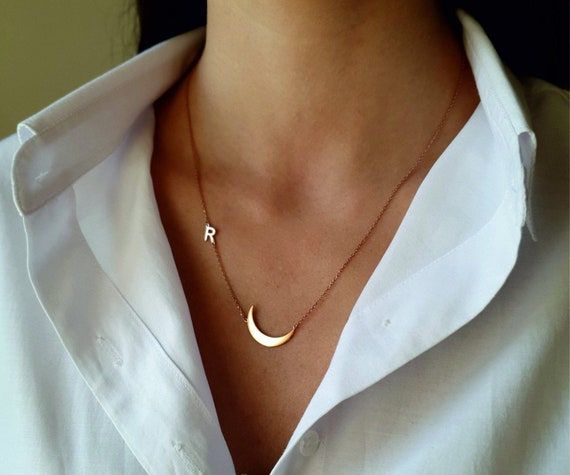 Sterling Silver Crescent Moon Initial Necklace Custom Gold | Etsy Gold Moon Necklace, Romantic Gifts For Her, Crescent Moon Pendant, Initial Necklace Gold, Silver Chain Style, Gifts Jewelry, Crescent Moon Necklace, Gold Moon, Moon Jewelry