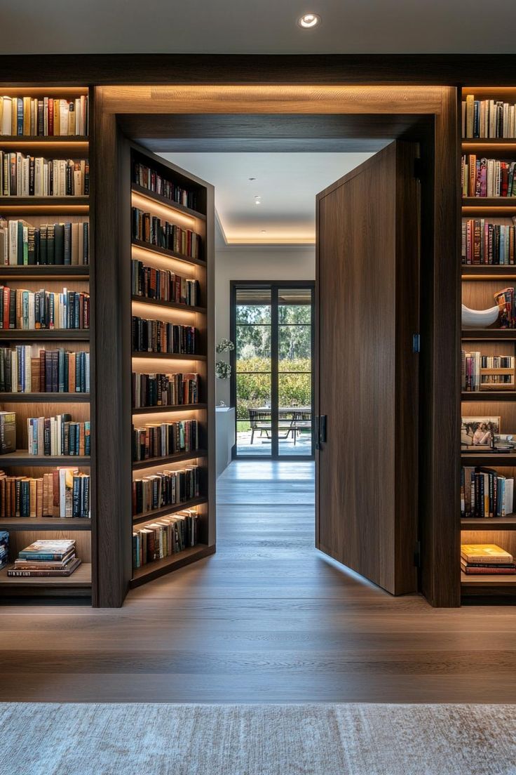 an open door leading to a library filled with books