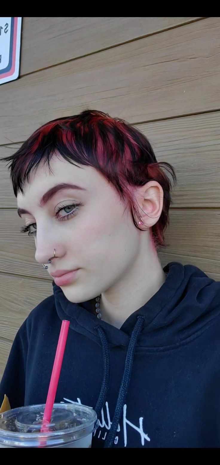 Short Streaked Hair, Pink Highlights In Brown Hair Short Pixie, Pink Hair Streaks Short, Pink Highlights In Black Hair Short, Black And Pink Short Hair, Draculaura Hair Short, Black And Pink Hair Short, Short Hair Dye Ideas Pixie Cuts, Pink Roots Black Hair