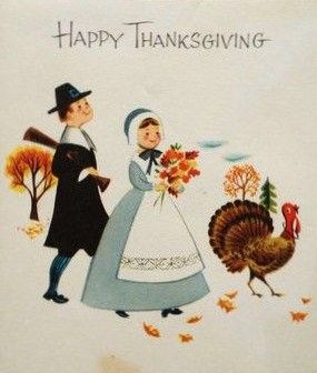 a happy thanksgiving card with an image of a man and woman holding a turkey on it's back