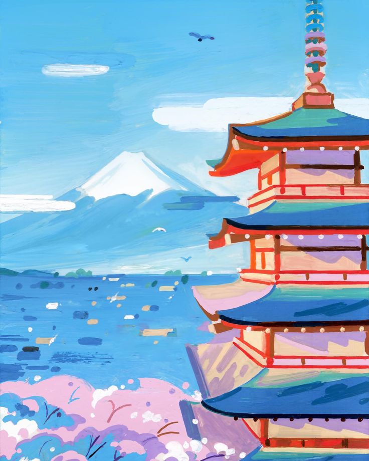 a painting of a pagoda in front of a mountain