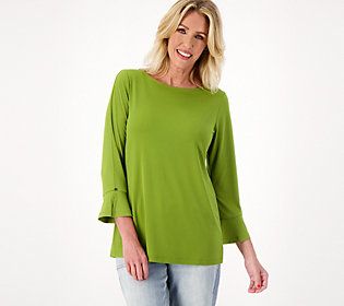 Say hello to your new favorite top. The flattering bateau neckline gracefully drapes over your decolletage and bell sleeves add ladylike charm. From Susan Graver. Chic Long Sleeve Scoop Neck Top For Spring, Elegant Stretch Long Sleeve Top For Summer, Fall Stretch Tops With Bell Sleeves, Stretch Bell Sleeve Tops For Fall, Elegant Stretch Knit Top With Scoop Neck, Green Stretch Long Sleeve Top For Spring, Elegant Scoop Neck Stretch Knit Top, Elegant Solid Knit Top For Spring, Casual Boat Neck Knit Top For Spring