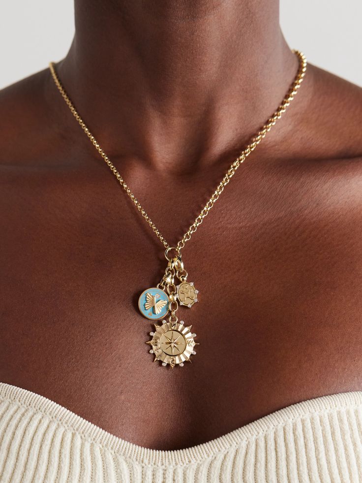 Foundrae's jewelry is designed to tell a story. This necklace has three medallions with a compass, butterfly and a Bowen's knot, representing reverie, love and self-reflection. It's been handcrafted from 18-karat gold and detailed with enamel and sprinkled with diamonds, so it's a piece to be treasured and passed on. Foundrae Necklace, Medallion Jewelry, Customize Jewelry, Charm Bar, Resort Jewelry, Enameled Jewelry, Nose Ring Jewelry, A Compass, Trending Necklaces