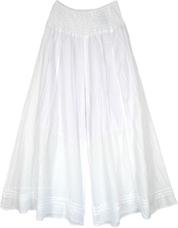 A cool pair of palazzo pants in bright white that you can wear in every season.  The waist is wide and has elastic smocking to give you a perfect body fit. #tlb #SplitSkirtsPants #Crinkle #bohemianfashion #WideLegPants #WhitePants #HippiePants White Bohemian Harem Pants For Vacation, White Harem Pants For Beach In Spring, White Harem Pants For Beach Spring Season, White Wide-leg Harem Pants With Elastic Waistband, White Harem Pants For Spring Vacation, Spring White Loose Fit Harem Pants, Spring White Loosely Fitted Harem Pants, White Ankle-length Pants For Spring, White Cotton Harem Pants For Vacation