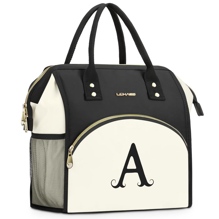 a black and white handbag with the letter a on it