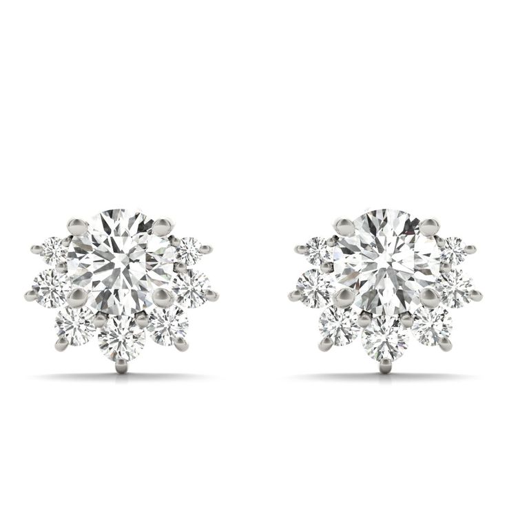 A cluster of round diamonds are clustered together for a shining, elegant look in these stud earrings. EARRING INFORMATION SKU: JNCY41100 Metal type and color: 14k White Gold 14k Yellow Gold 14k Rose Gold Gender: Women Style: Fashion Earrings Total Carat Weight: .95 Rhodium Plated: White Gold Only Weight (grams): 1.24 Back Type: Push Back DIAMOND DETAILS Stone Type: Diamond Creation Method: Lab-grown diamond Shape: Round Color: Colorless (D-E) Color Hue: White Clarity: VS2+ Cut: Excellent Count: 1 Carat Weight (avg): .25 Total Carat Weight: .25 Setting: Prong SIDE DIAMOND DETAILS Stone Type: Diamond Creation Method: Lab-grown diamond Shape: Round Color: Colorless (D-E) Color Hue: White Clarity: VS2+ Cut: Excellent Count: 14 Carat Weight (avg): .05 Total Carat Weight: .70 Setting: Prong Anniversary Halo Cluster Earrings, Halo Design Cluster Earrings For Anniversary, Anniversary Cluster Earrings With Halo Setting, Formal Cluster Earrings, White Gold Diamond Cluster Earrings, Diamond White Halo Design Cluster Earrings, Anniversary Cubic Zirconia Cluster Earrings, White Cluster Diamond Earrings With Halo Design, White Diamond Cluster Earrings For Formal Events