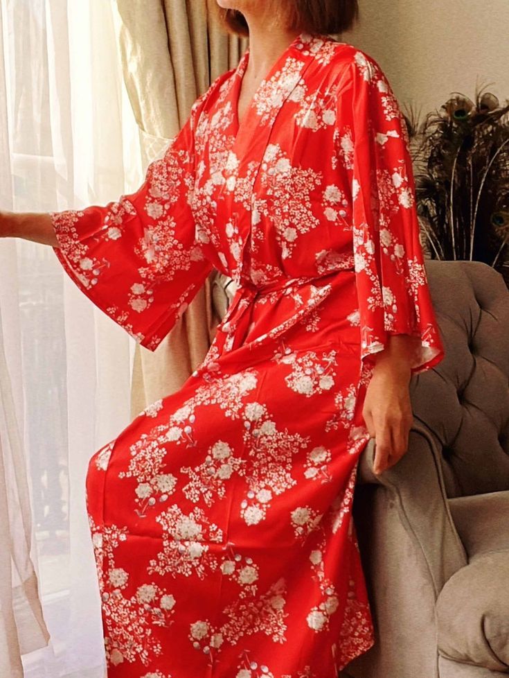 Luxury red floral silk dressing gown, pure silk kimono robe for women, wide sleeve print kimono dress, loose style, mid-calf leght, silky fabric with really good feeling, you will look so elegant charming. Excellent silk fabric improve sleep well. Perfect for bride bridesmaid gift, birthday gift, holiday, enjoin morning coffee time. . Style: dressing gown, long robe, nightdress, night gown, nightwear, PJs, kimono robe, bathrobe, spa robe, boho cardigan top, beach cover up, pajamas, loungewear fo Red V-neck Kimono For Summer, Elegant Red Robe For Loungewear, Elegant Red Lounge Robe, Elegant Red Kimono For Spring, Elegant Red Spring Kimono, Red Long Sleeve Summer Sleepwear, Red V-neck Sleepwear For Spring, Elegant Red Wedding Robe, Floral Print Kimono For Loungewear