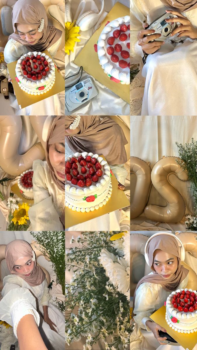 a collage of photos showing a woman holding a cake with strawberries on it