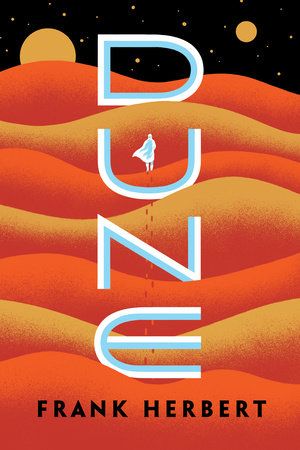 the cover of dune by frank herbert, with an orange background and blue lettering on it