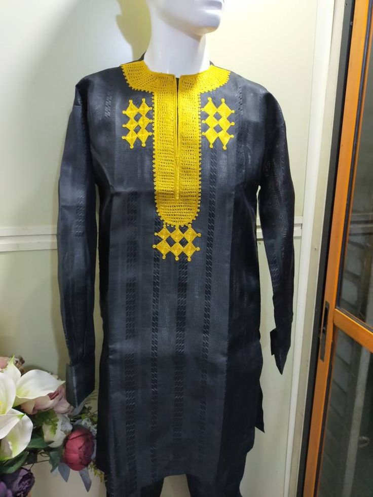 Kaftan for Men, African Native for Men , a 2 pieces Native Attire comprising of A Kaftan Top worn and a Sokoto which is the trouser pant to go with it. The Colour of this is Black with Gold embroidery. It's available for Immediate Shipping in Medium Size. You can however order this in any colours of your choice, just leave me a note when you Order. Ideal for Traditional Weddings, Birthday, and all sort of Celebrations. We would make this item to order within 5-10 working days, and Ship immediate Kaftan For Men African, Native For Men, Edo Brides, Kaftan For Men, Men Kaftan, African Wedding Attire, Traditional Weddings, Kaftan Top, Gold Embroidery