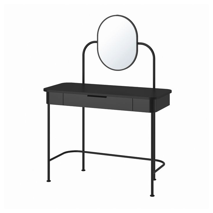 a black desk with a mirror on it and a metal frame around the top that holds a drawer