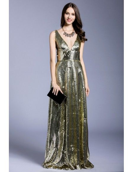 Gold A-line V-neck Sequined Floor-length Evening Dress Gold V-neck Midi Dress For Party Season, Gold V-neck Midi Dress For Evening, Glamorous V-neck Spring Evening Dress, Glamorous V-neck Summer Evening Dress, Chic A-line Maxi Dress For Party Season, Glamorous Spring Evening V-neck Dress, Glamorous V-neck Evening Dress For Spring, Glamorous A-line Summer Evening Dress, Spring Evening V-neck Dress