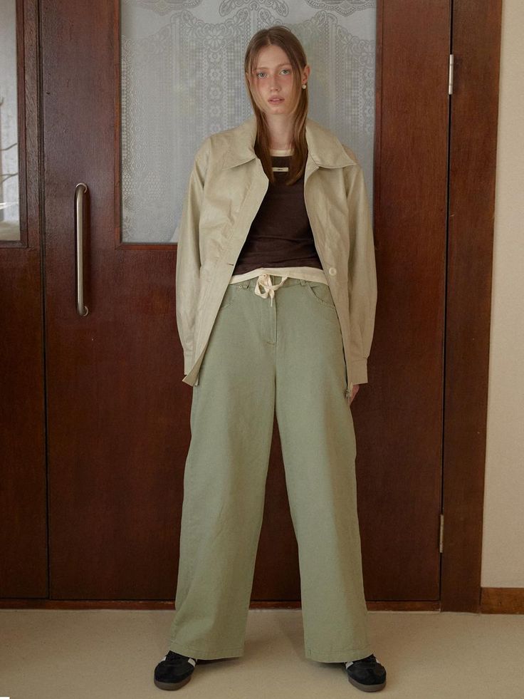 Color: GreenCountry of Origin : Republic of Korea Casual Olive Wide Leg Pants With Pockets, Olive High-waisted Pants For Spring, Olive Cargo Pants For Spring Workwear, Green Relaxed Fit Pants, Green Relaxed Fit Straight Pants, Olive Wide Leg Pants For Spring, Spring Casual Light Green Bottoms, Olive Wide-leg Spring Pants, Olive Wide-leg Pants For Spring