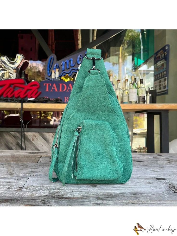 Bird in Bag - Womens Faux Suede Sling Bag with Tailored Design for Traveling Green Crossbody Chest Bag For On-the-go, Green Chest Bag With Zipper For Everyday Use, Green Crossbody Chest Bag With Zipper, Green Crossbody Chest Bag With Zipper Closure, Everyday Green Chest Bag, Trendy Green Crossbody Backpack, Green Details, Novelty Bags, Tailored Design