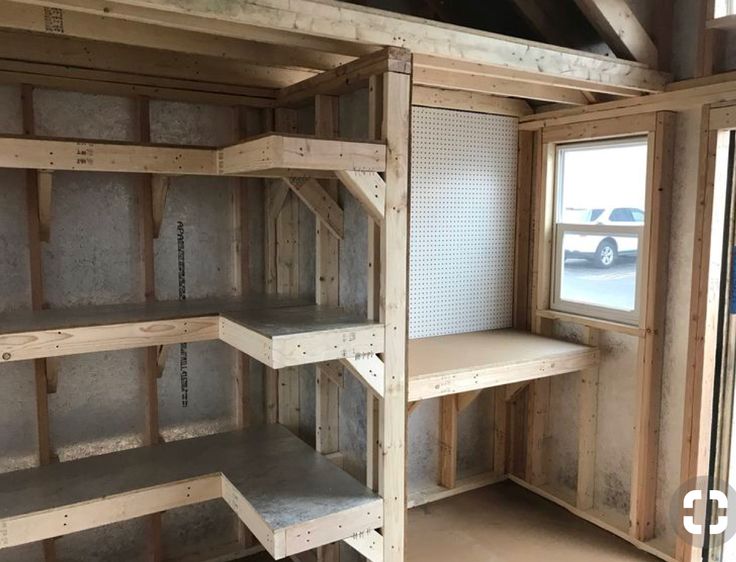 the inside of a storage room with shelves and shelving in place for various items to be stored