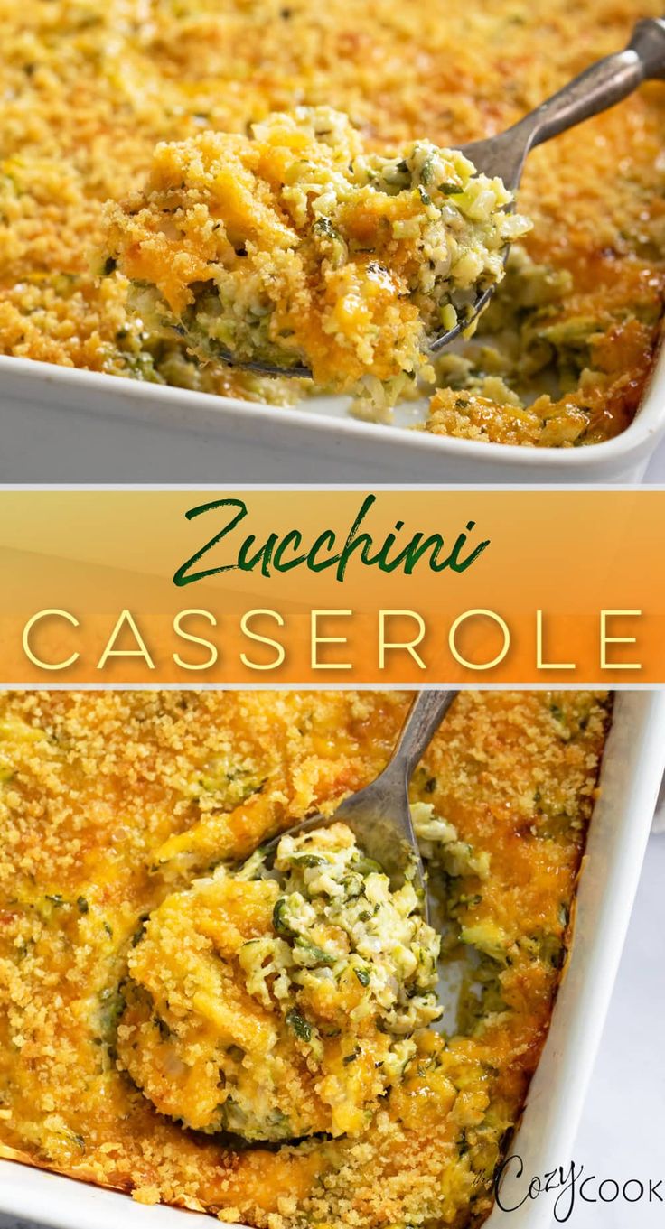 a casserole dish with broccoli and cheese in it is being scooped from the casserole