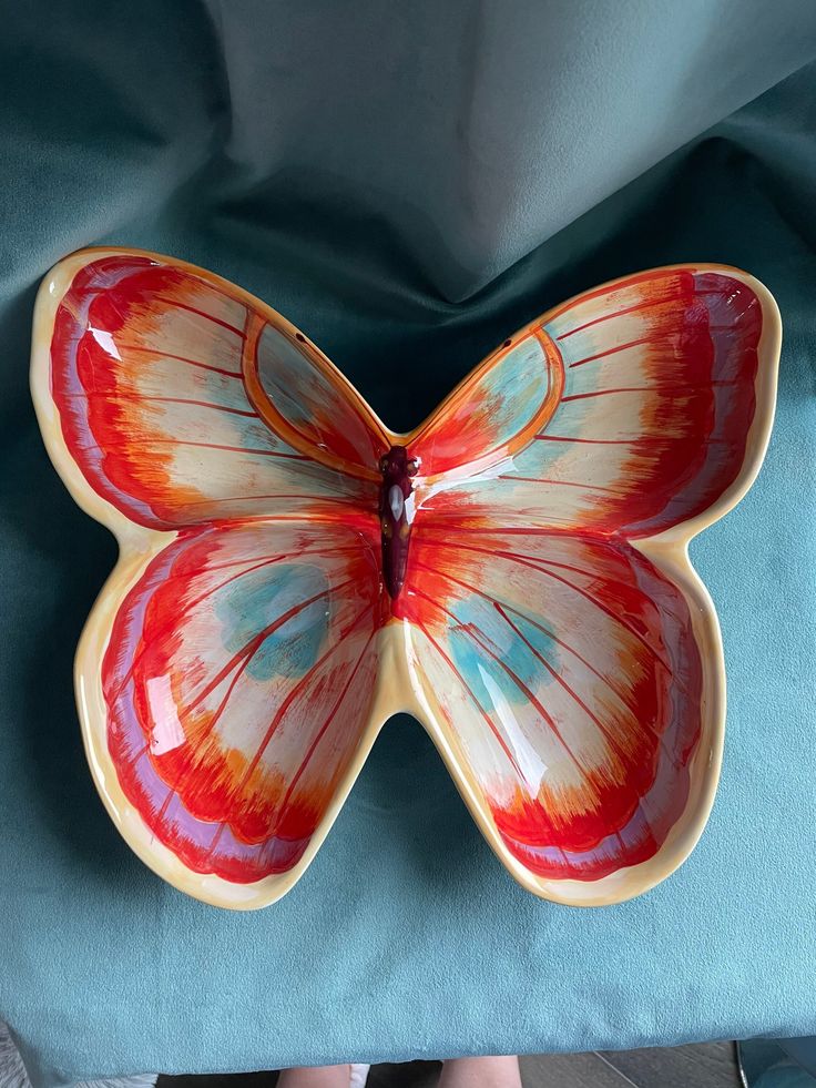 a butterfly shaped dish sitting on top of a blue blanket