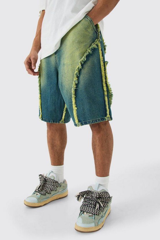 Frayed Edge Denim Jorts In Tinted Green | boohooMAN USA Cotton Jean Shorts With Built-in Shorts For Streetwear, Acid Wash Bottoms With Built-in Shorts, Jean Shorts For Streetwear In Summer, Urban Jeans For Summer Streetwear, Urban Streetwear Jeans For Summer, Urban Style Summer Streetwear Jeans, Urban Summer Streetwear Jeans, Urban Cotton Bottoms With Frayed Hem, Cotton Jean Shorts For Summer Streetwear