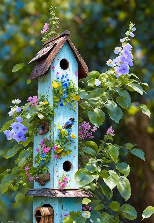 a blue birdhouse with flowers growing on it