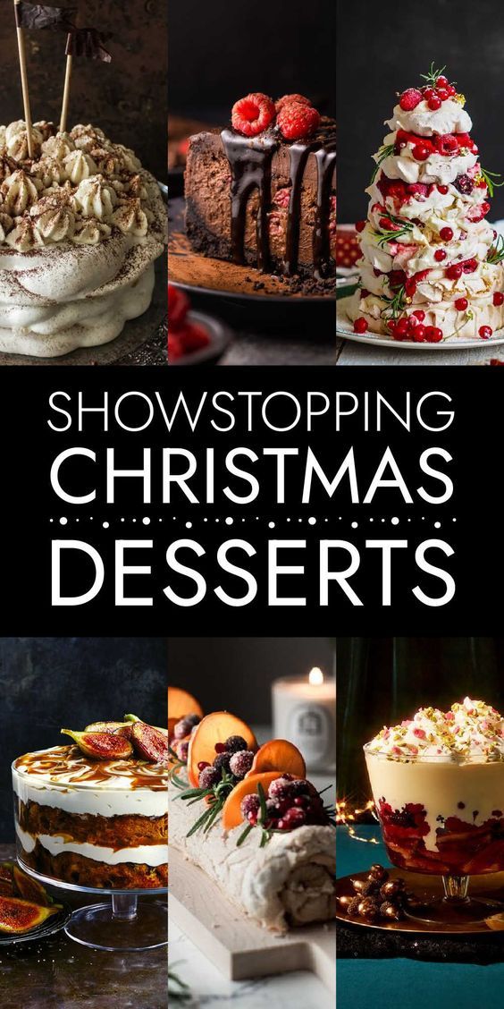 the cover of showstopping christmas desserts, with pictures of cakes and pies