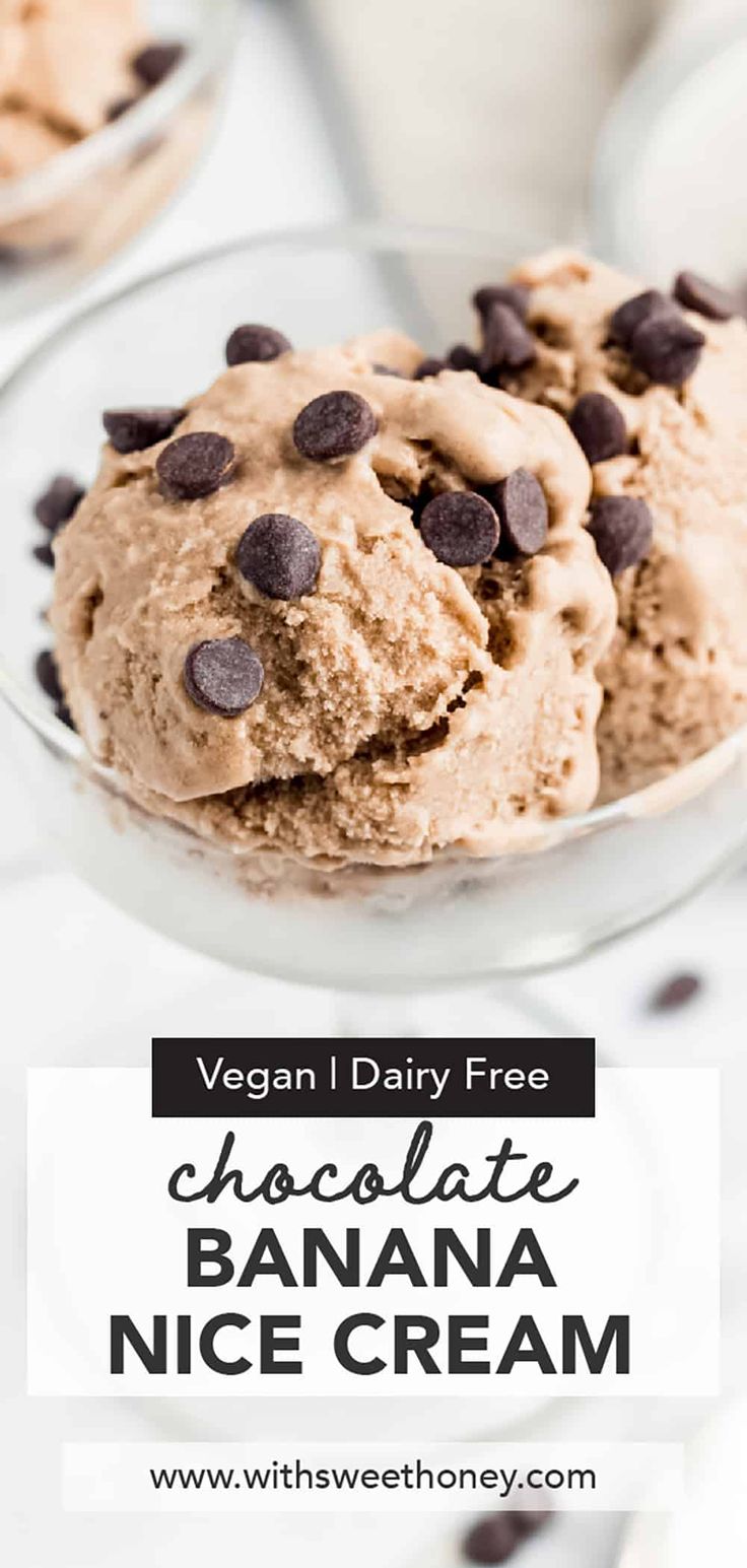 vegan dairy free chocolate banana ice cream in a glass bowl with chocolate chips on top