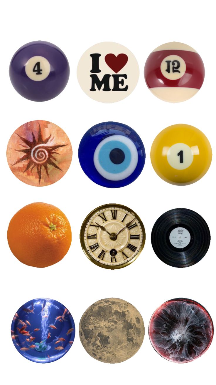 eight ball magnets with various images of different objects in the shape of eyeballs