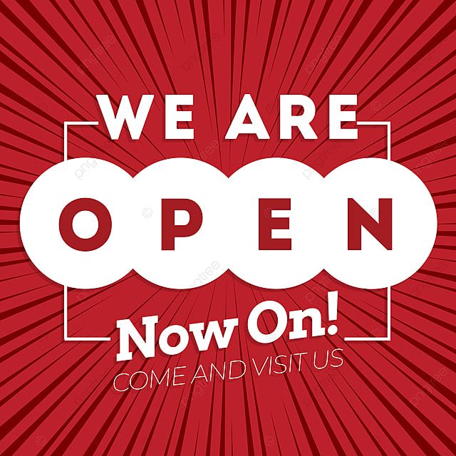 an open sign with the words, we are open now on come and visit us