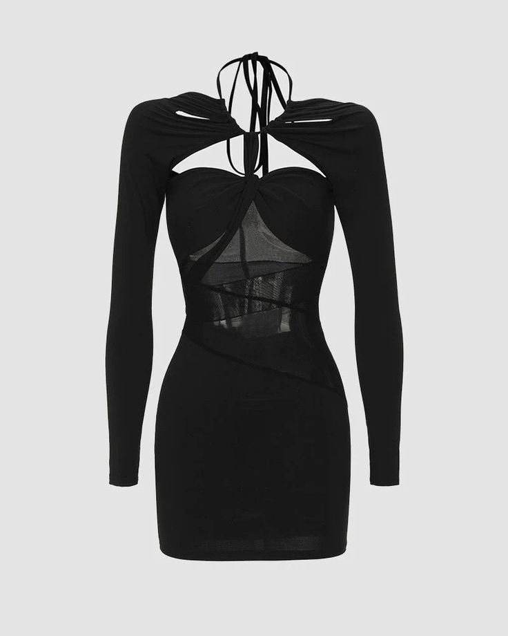 Amorous Allure Halter Dress – Baly Shop Stretch Mesh Club Dress, Chic Mesh Club Dress, Fitted Bodycon Dress With Mesh Sleeves For Club, Fitted Mesh Sleeve Bodycon Dress For Night Out, Summer Long Sleeve Mesh Cocktail Dress, Fitted Mesh Bodycon Dress For Night Out, Club Mesh Dress With Sheer Sleeves, Stretch Bodycon Dress With Mesh Sleeves For Date Night, Fitted Mesh Club Dress