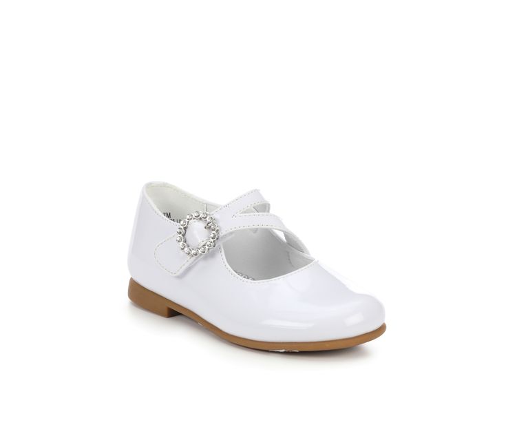 These shoes feature a classic and sophisticated design, perfect for formal events, weddings, parties, or any special occasion. The synthetic upper is adorned with delicate embellishments such as a jewel accent adding a hint of sparkle and glamour. The adjustable buckle closure ensures a secure and customized fit, allowing your child to walk with confidence. Velcro strap closure for an easy & secure fit, Classic round toe, Slip-on for easy entry, Lightly padded footbed, Smooth synthetic lining, F Elegant Closed Toe Shoes For First Communion, Elegant Closed Toe Wedding Shoes For First Communion, White Dress Shoes For Spring Party, White Dress Shoes For Party, Elegant Closed Toe Mary Janes For Party, Classic White Dress Shoes For Party, Spring Wedding Round Toe Dress Shoes, Spring Wedding Dress Shoes With Round Toe, White Round Toe Mary Janes For Party