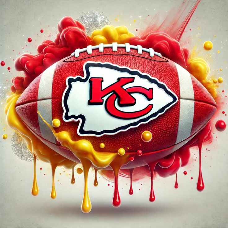 a football with the kansas chiefs painted on it and dripping orange liquid around it,