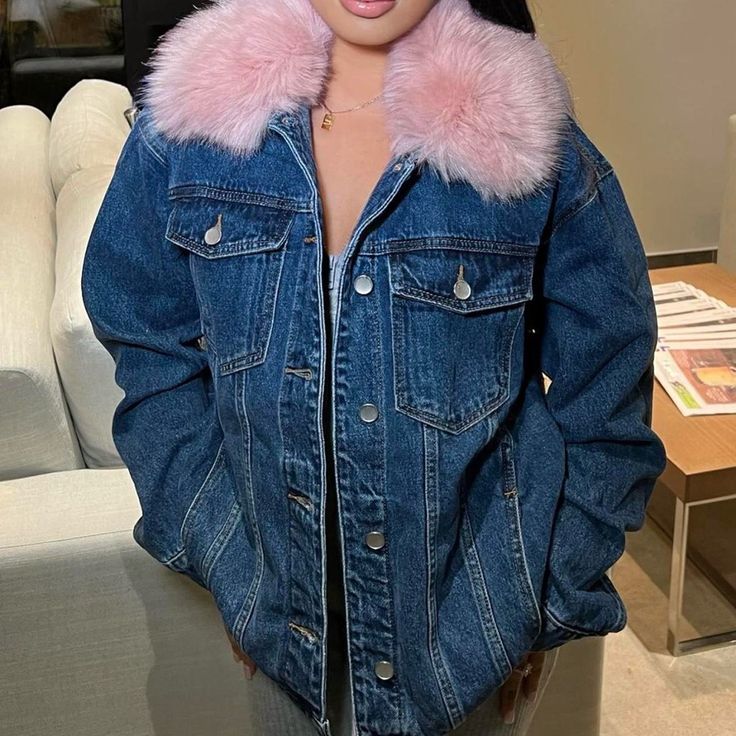 Pink Fur Jean Jacket Fashion Nova Brand New Jean Jacket With Detachable Faux Fur Collar Size S/M Very Roomy And Cozy Trucker Jacket Style Trendy Pink Outerwear With Pockets, Pink Denim Jacket With Pockets, Pink Denim Jacket With Pockets For Fall, Trendy Pink Denim Outerwear, Pink Casual Denim Jacket For Winter, Casual Pink Denim Jacket For Winter, Jean Jacket Fashion, Fur Denim Jacket, Fur Jean Jacket