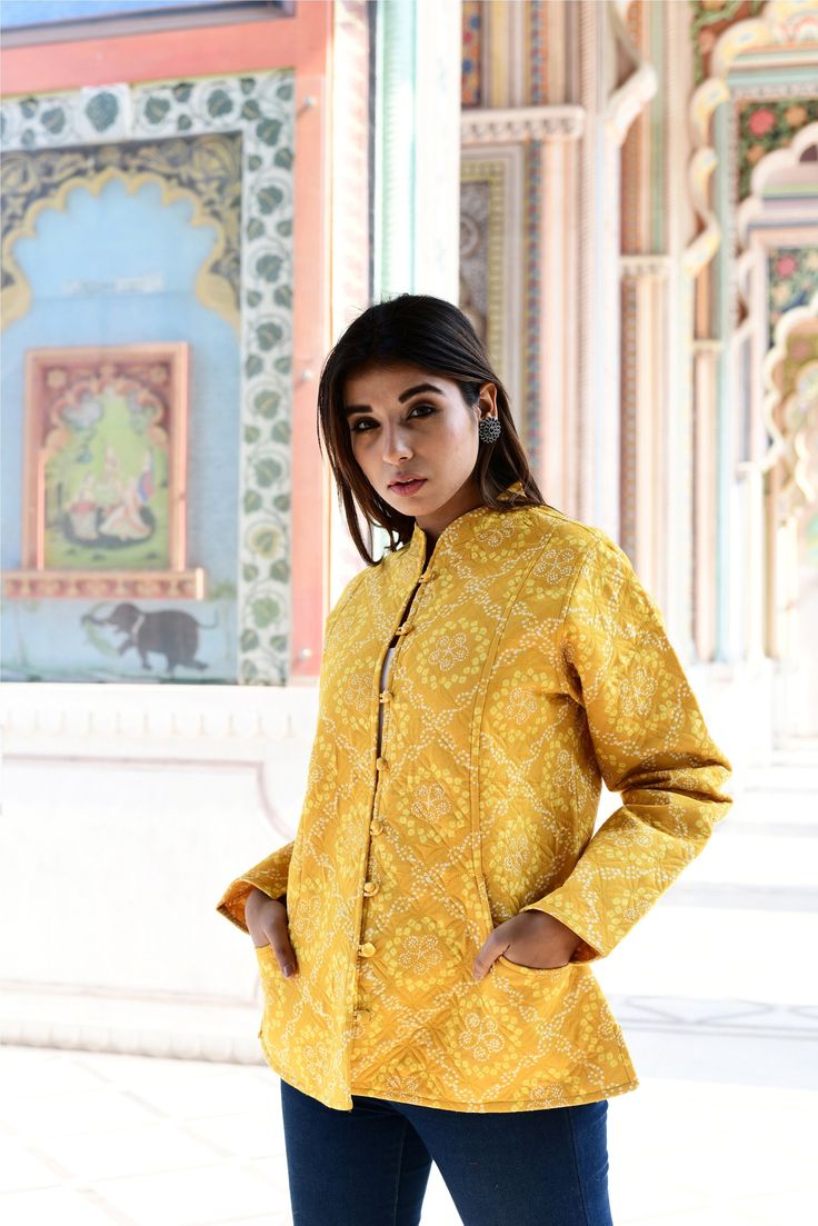 "Mustard Bandhani Printed quilted Jackets Wedding Party designer coat FREE DHL SHIPPING Wedding Jacket, Party Wear, Bandhej Reinterpreting Sustainable Fashion Clothes of India. Traditional & Contemporary Sustainable Fashion Jackets. *Fit Type: Regular Fit *Handmade, 100% Cotton Printed Quilted design Jacket, *Button closure, 2 Pockets (only Front Side), Soft on the skin *Idea for winters, Light Winters, and Light summers and Gymwear, Breathable and lightweight cotton fabric *Type of Sleeves: Ful Design Jacket, Traditional Contemporary, Wedding Jacket, Coat Design, Style Expert, Etsy Fashion, Gym Wear, Mandarin Collar, Quilted Jacket