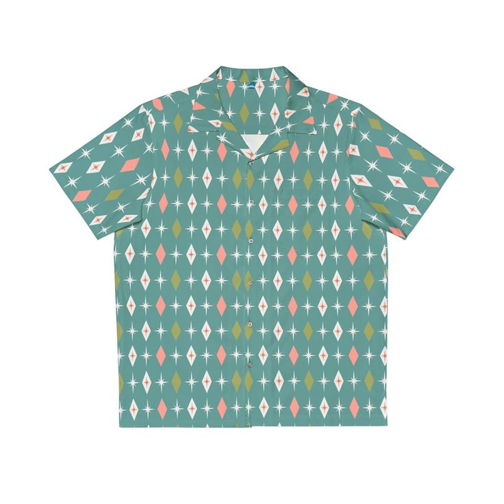 Channel the cool vibes of the Atomic Age with our Atomic Diamond Starburst Men's Hawaiian Shirt! Tailored for the chap who enjoys a dash of nostalgia, this shirt features a snazzy mid-century starburst pattern that's all the rage. It's a hit for summer shindigs, beach jaunts, or just cruising in style. Don't just wear it, rock it and be the suave trendsetter at any scene! Material: 95% polyester, 5% spandex: Soft and lightweight polyester with spandex makes the ideal knit for leisure or activewe Green Retro Camp Shirt With Relaxed Fit, Retro Green Camp Shirt With Relaxed Fit, Retro Green Relaxed Fit Camp Shirt, Green Retro Relaxed Fit Camp Shirt, Retro Green Camp Shirt With Graphic Print, Retro Tops With All Over Print And Camp Collar, Retro Short Sleeve Camp Shirt With All Over Print, Cool Vibes, Starburst Pattern