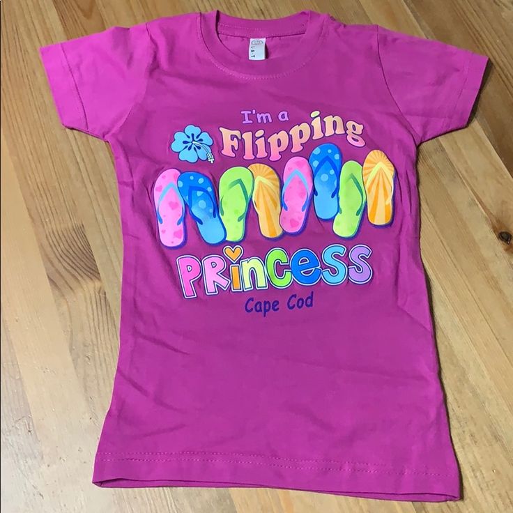 Super Cute Girls T-Shirt In A Size S With Flip Flops I’m A Flipping Princess Cape Cod On It It’s A Darker Pink 100% Cotton Machine Wash Cold Smoke And Pet Free Home Playful Pink T-shirt For Spring, Fun Summer T-shirt With Name Print, Pink T-shirt With Name Print For Summer, Summer Pink T-shirt With Name Print, Pink Summer Tops With Name Print, Cute Fitted Purple T-shirt, Playful Pink Cotton T-shirt, Playful Pink Tops With Name Print, Fun Pink T-shirt With Letter Print