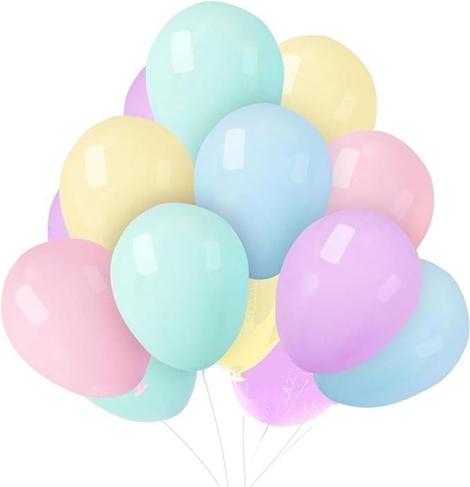 a bunch of balloons with pastel colors on them