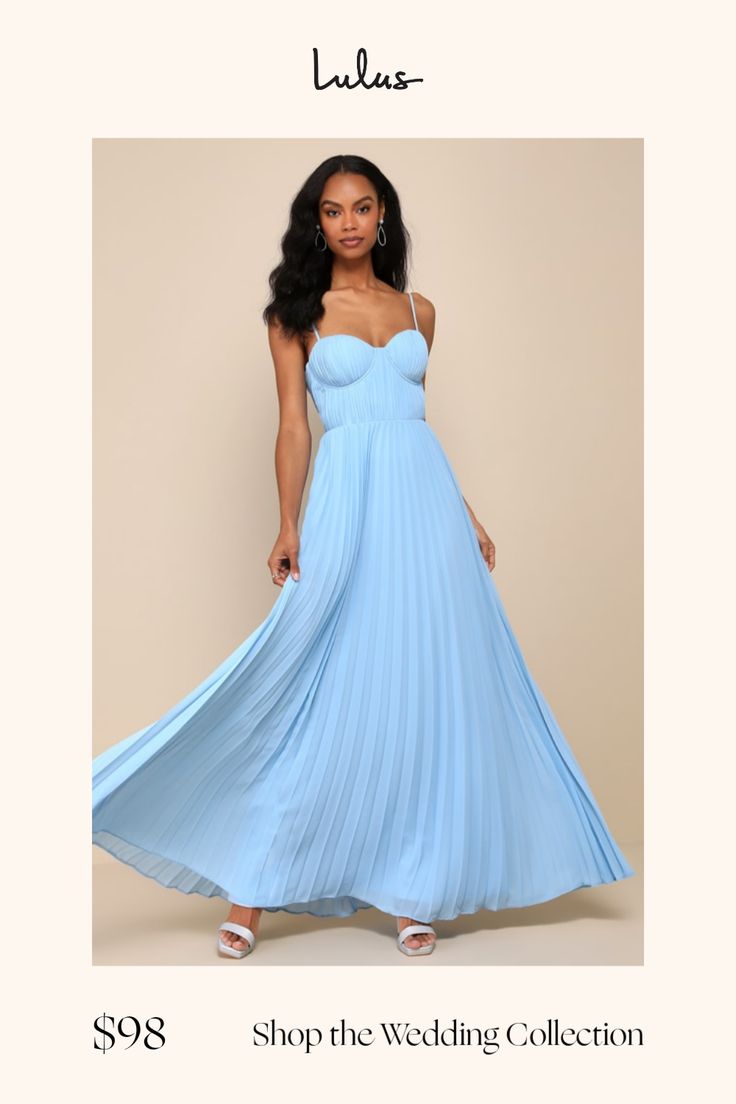 Stroll into the party looking like the best dressed guest in the Lulus Admirable Elegance Light Blue Pleated Bustier Maxi Dress! Lightweight woven fabric shapes this stunning dress that has adjustable spaghetti straps and a bustier-style bodice with a sweetheart neckline, seamed, padded cups, and hidden side boning. Micro-pleated texture throughout lends an elevated effect. Fitted waist tops an accordion-pleated skirt that falls to a twirl-ready maxi hem. Hidden zipper/clasp at back. Fit: This g Chic Light Blue Flowy Maxi Dress, Light Blue Flowy Maxi Dress, Blue Strapless Maxi Dress With Ruffles, Flirty Blue Strapless Evening Dress, Flowy Blue Ruffle Maxi Dress, Pleated Bustier, Dress Pleated, Wedding Top, Casual Wedding Dress