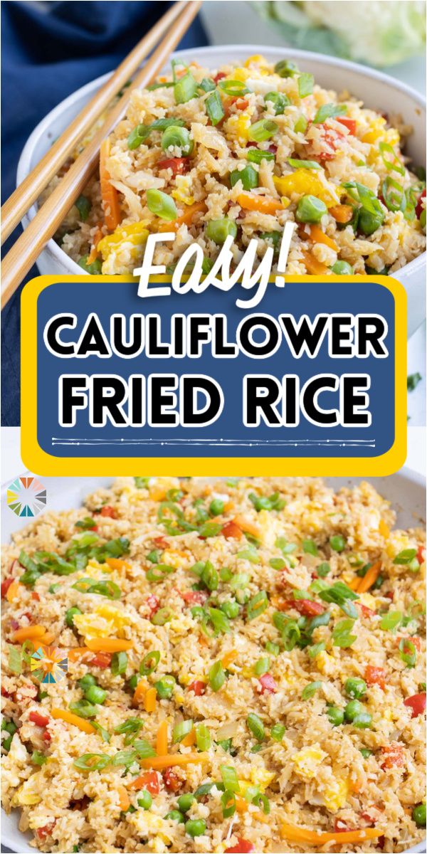 an easy cauliflower fried rice recipe in a bowl with chopsticks