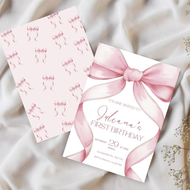 two birthday cards with pink bows on them