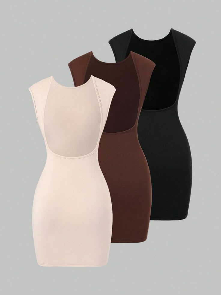 three women's bodysuits in different colors and sizes, one is black, the other is white