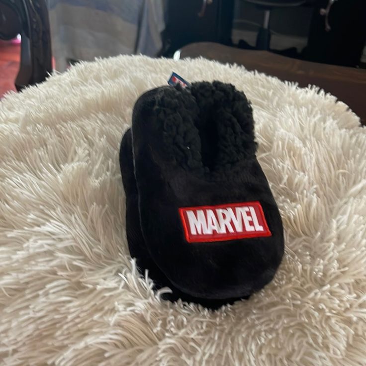 Marvel Kids Fuzzy Babba Slipper Socks Size M/L Shoes Size 13 Color Black Black Non-slip Slippers With Round Toe, Black Non-slip Round Toe Slippers, Casual Black Non-slip Slippers, Black Winter Slippers With Rubber Sole, Black Winter Slippers For Indoor Use, Black Winter Slippers With Round Toe, Comfy Black Indoor Slippers, Black Winter Indoor Slippers, Comfortable Black Super Soft Slippers