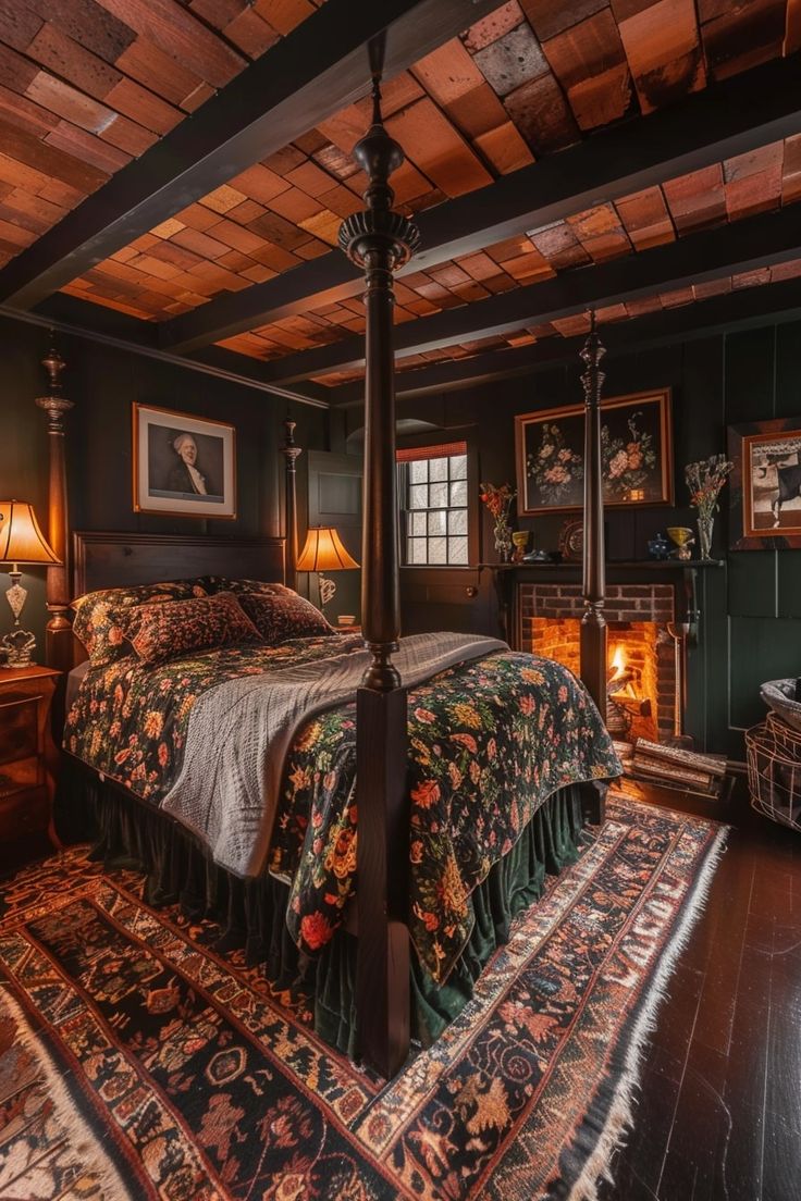 a bed sitting inside of a bedroom on top of a wooden floor next to a fire place