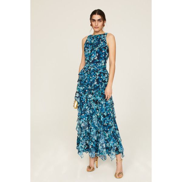 Blue floral chiffon (100% Polyester). A-line. Sleeveless. Crewneck. Back zipper closure. 48.5" from shoulder to hemline. Imported. Blue Sleeveless Chiffon Maxi Dress, Blue A-line Chiffon Dress For Spring, Blue Sleeveless Floral Dress For Party, Blue Sleeveless Chiffon Dress, Sleeveless Blue Floral Dress For Party, Blue Chiffon A-line Summer Dress, Sleeveless Summer Evening Floral Dress, Sleeveless Floral Dress For Summer Evenings, Chic Blue Sleeveless Dress For Garden Party