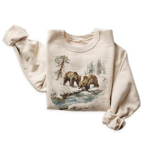 Vintage Grizzly Bear Wilderness Scene Sweatshirt - 90s Vintage Brown Bear Sweatshirt - Scenic Winter Nature Sweater - Unisex Graphic Crewneck Sweatshirt Deer Outfit, Doe Deer, Americana Aesthetic, Buck And Doe, Nature Camping, Pull Oversize, 90s Sweatshirt, Whitetail Deer, Mens Long Sleeve Tee