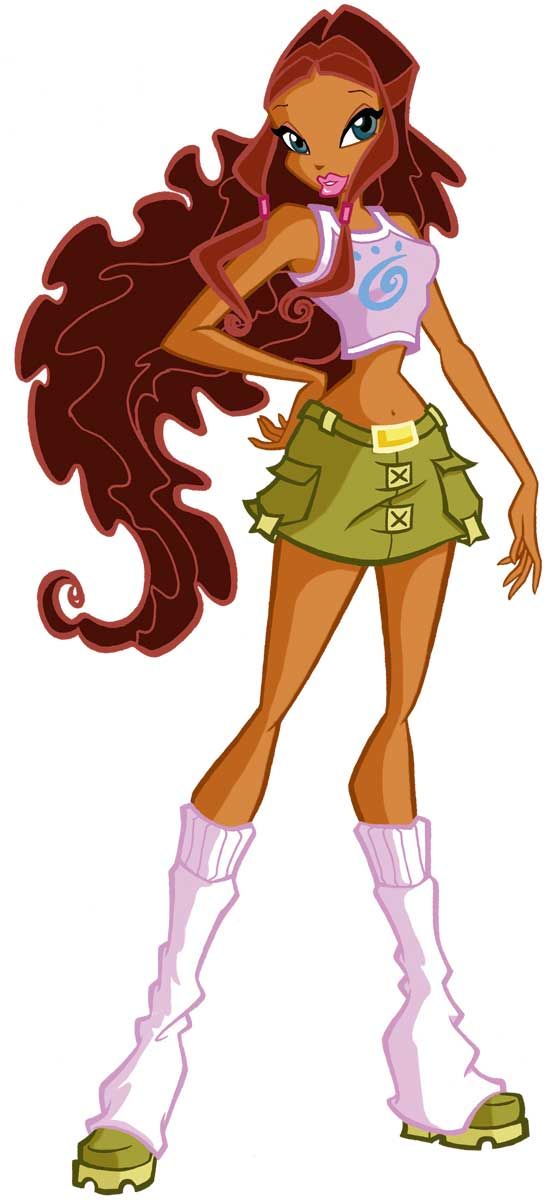 a drawing of a girl with long hair wearing boots and a green skirt, standing in front of a white background