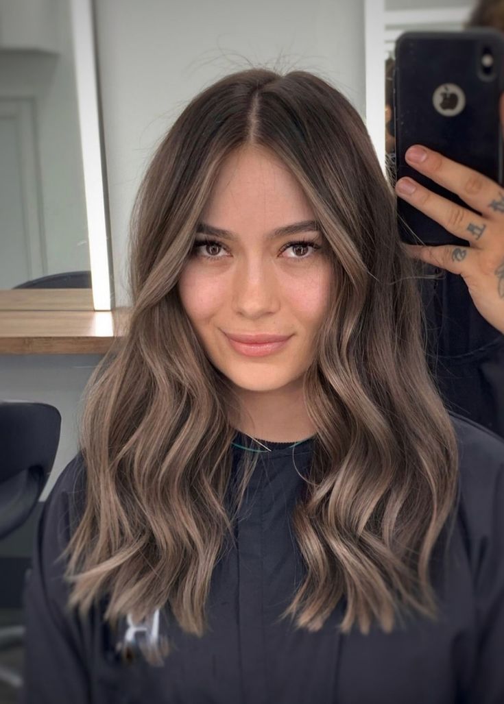 Light Brown Ashy Balayage, Brunette Hair For Fair Skin, Brunette Hair With Cool Tone Highlights, Light Brown Hair No Bleach, Neutral Ashy Brunette, Brush Light Hair, Medium Contrast Hair, Subtle Money Piece Brunette, Light Brown Hair Dark Roots