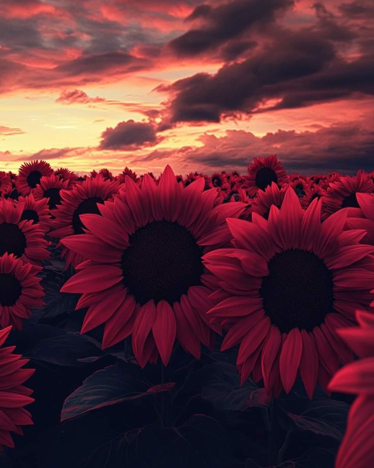 sunflowers in a field at sunset with the sky behind them and dark clouds