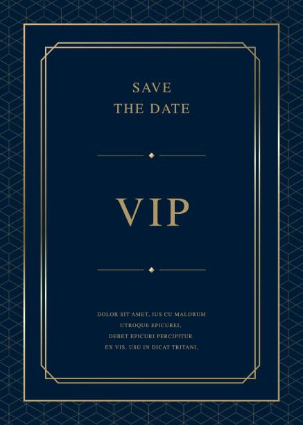 a blue and gold save the date card with an art deco frame on it's front