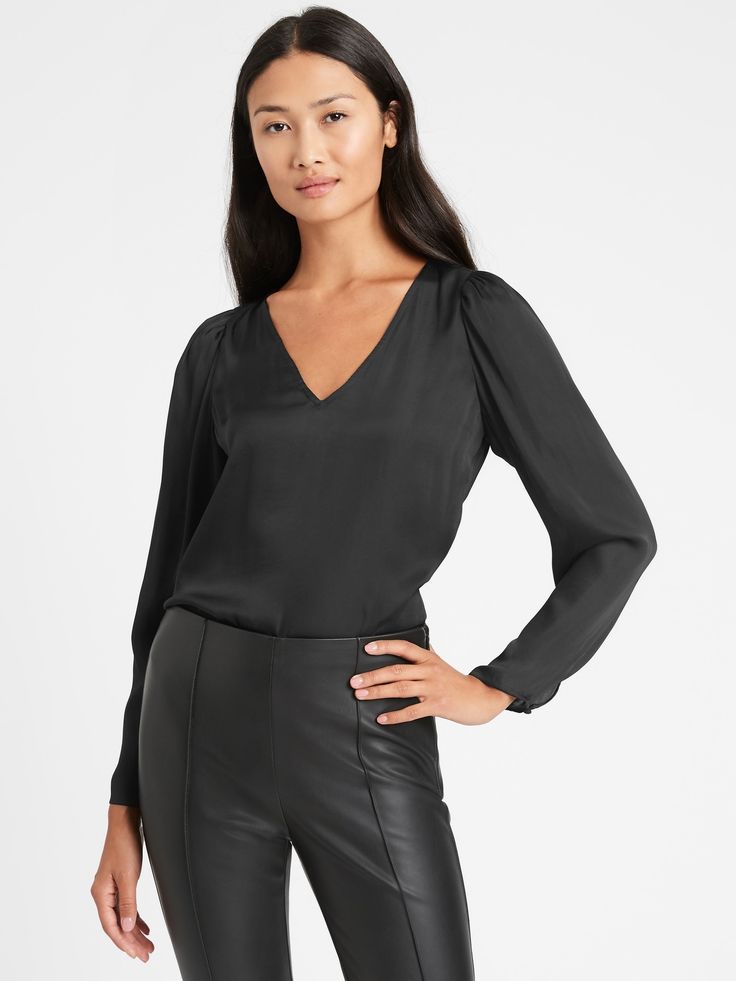 Soft Satin Puff-Sleeve Top | Banana Republic Elegant Spring Top With Padded Shoulders, Elegant Tops With Padded Shoulders For Spring, Elegant Fitted Top With Padded Shoulders, Elegant Fitted Tops With Padded Shoulders, Elegant Puff Sleeve Top With Blouson Sleeves, Elegant Tops With Gathered Sleeves For Night Out, Chic Stretch Puff Sleeve Top With V-neck, Chic Stretch V-neck Puff Sleeve Top, Fitted Puff Sleeve Top For Office