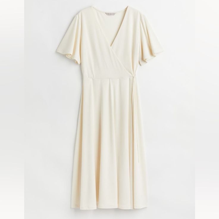 Brand New With Tags H&m V-neck Midi Dress For Summer, H&m V-neck Formal Dress, H&m Formal V-neck Dress, H&m V-neck Dress For Formal Occasions, H&m V-neck Dress For Brunch, Elegant Cream Dress By H&m, Fitted Viscose Wrap Dress For Summer, Elegant H&m Dress For Brunch, Elegant H&m Summer Dress