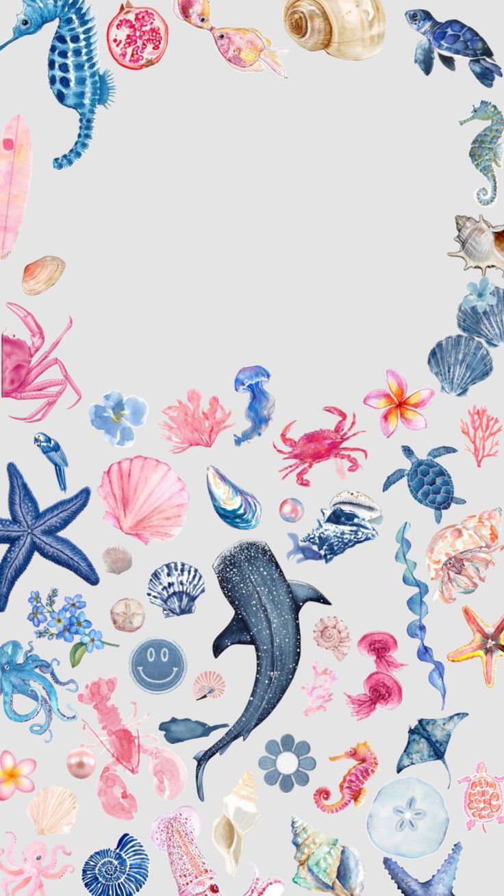 an ocean scene with shells, seahorses and other marine creatures in pastel colors